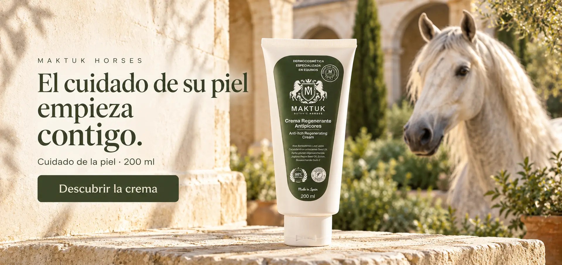 Crema MAKTUK HORSES de 200 ml junto a un caballo. El cuidado de su piel empieza contigo. Descubrir la crema.